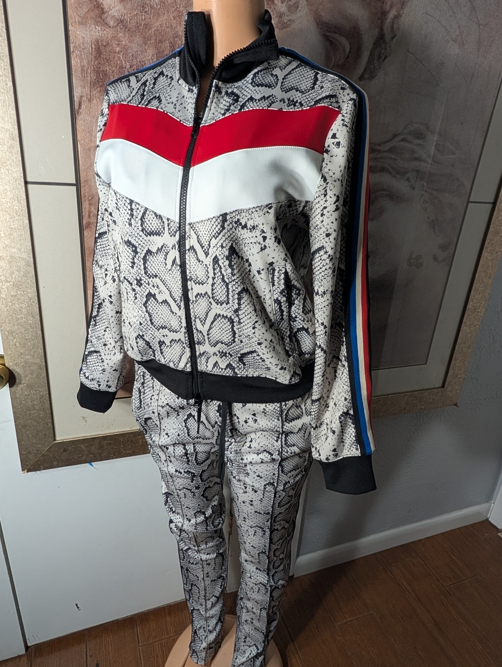 The Set Women SnakePrint Track Pants Jacket Set with Red & White Chevron Size M